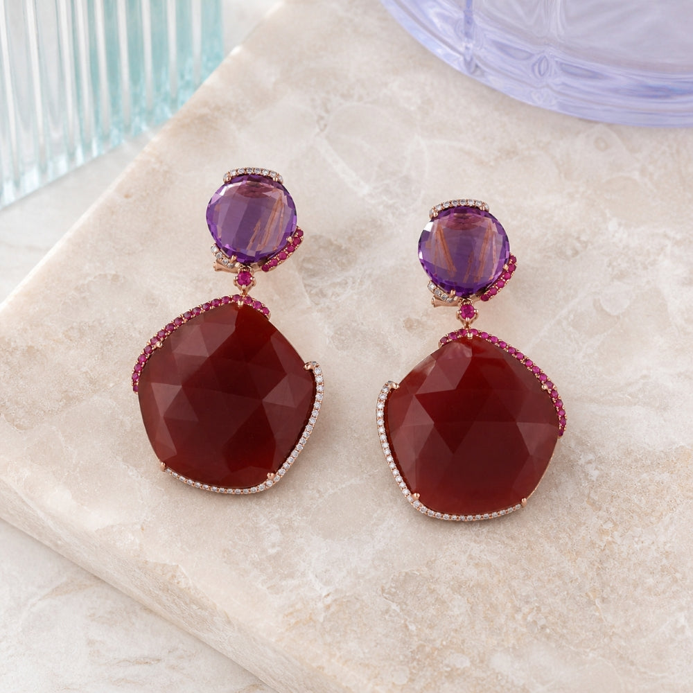 DE10240 - 14K Gold Red Agate & Green Agate Drop Earrings