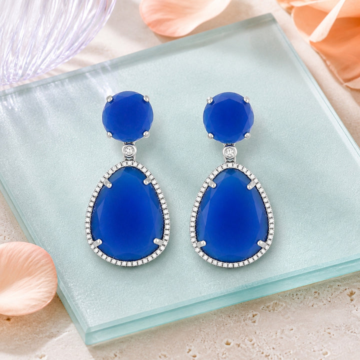 DE10381 - 14K Gold Blue Agate, Chalcedony & Smokey Topaz Drop Earrings
