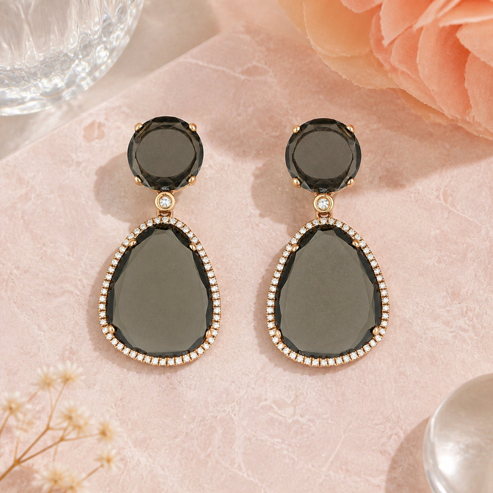 DE10381 - 14K Gold Blue Agate, Chalcedony & Smokey Topaz Drop Earrings