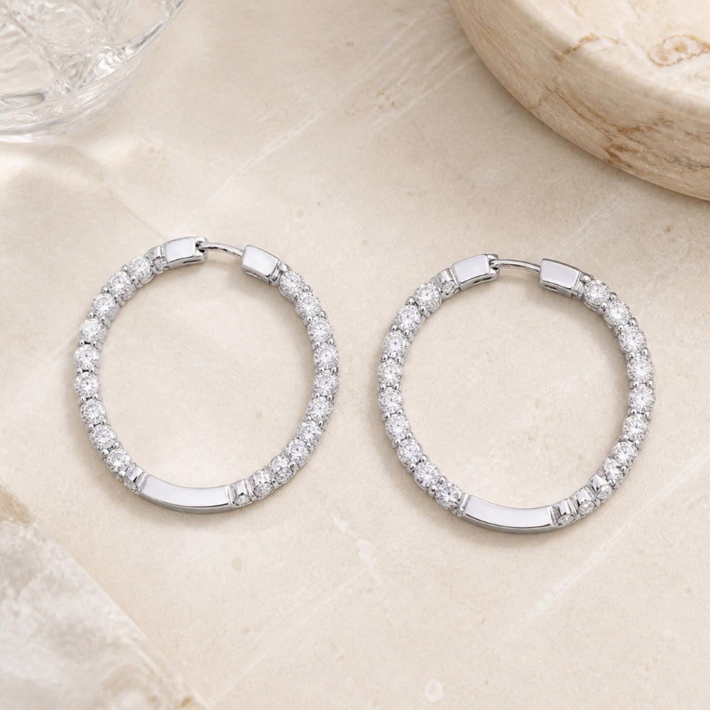 DE7761 - 18K White Gold Diamond In & Out Hoop Drop Earrings