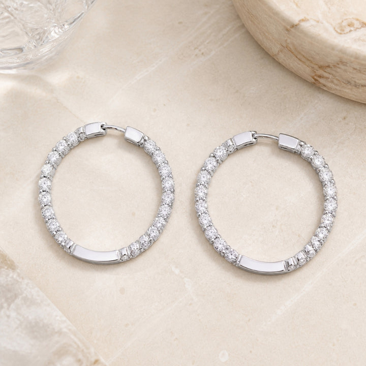 DE7761 - 18K White Gold Diamond In & Out Hoop Drop Earrings