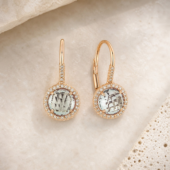 DE9409 - 14K Rose Gold Green Amethyst Drop Earrings