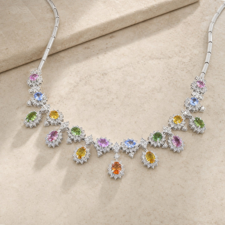 DN2198 - 14K White Gold Multi Colored Sapphire Cocktail Necklace