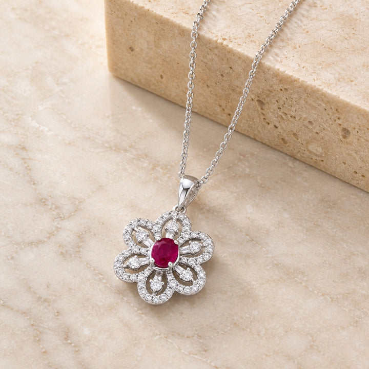 DN5123 - 18K White Gold Ruby Flower Pendant