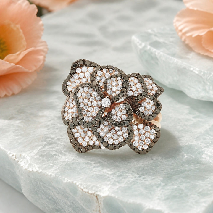 DR11733 - 18K Rose Gold Black Diamond Flower Ring