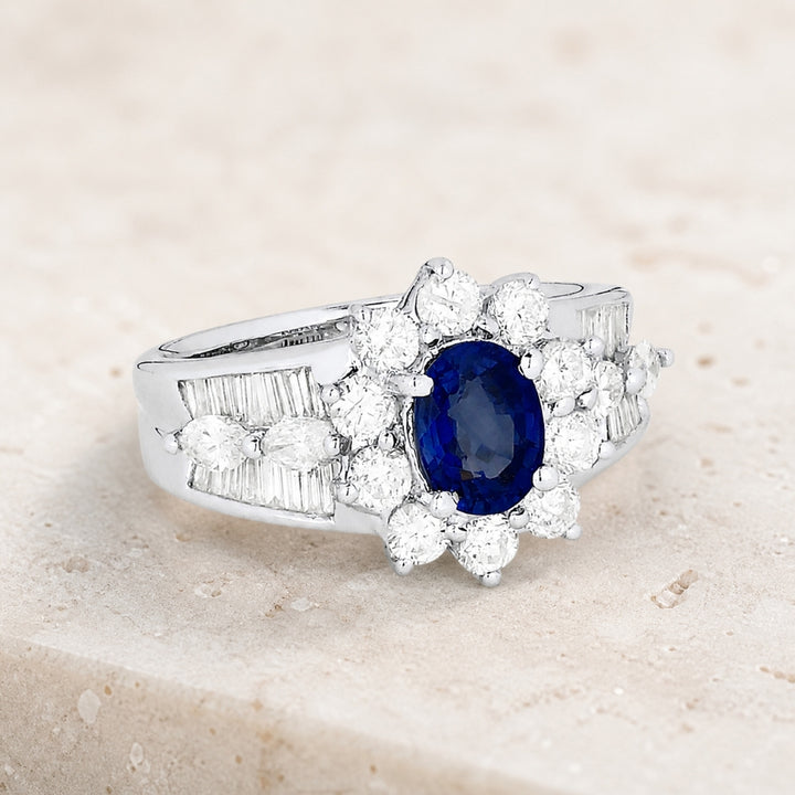 DR2043 - 18K White Gold Sapphire Flower Ring