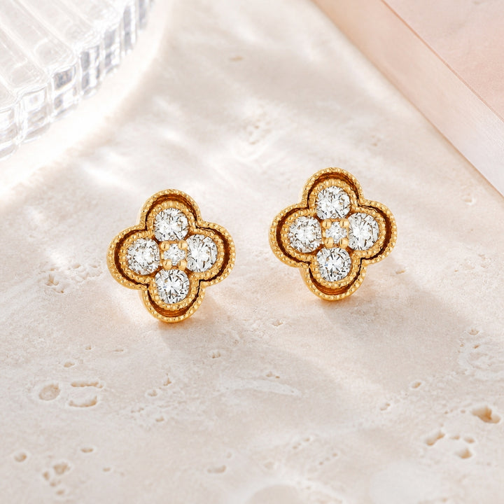E1002 - 14K Gold Diamond Clover Stud Earrings