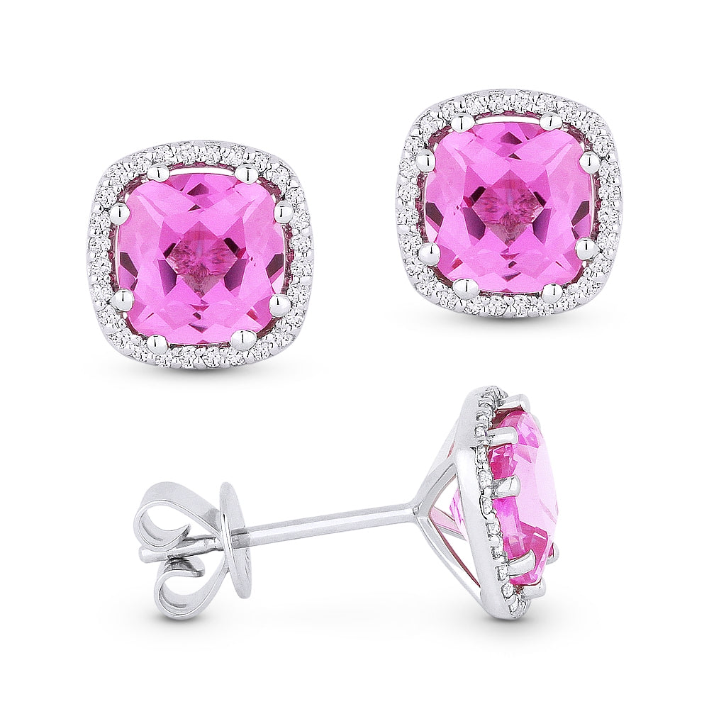 Madison L 14K White Gold Created Pink Sapphire Cushion Stud Earrings - style E1022PCW