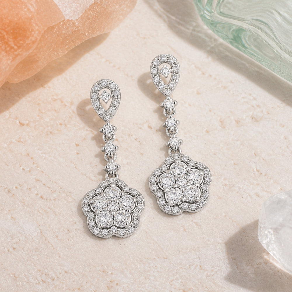 E1056 - 14K White Gold Diamond Cluster Drop Earrings