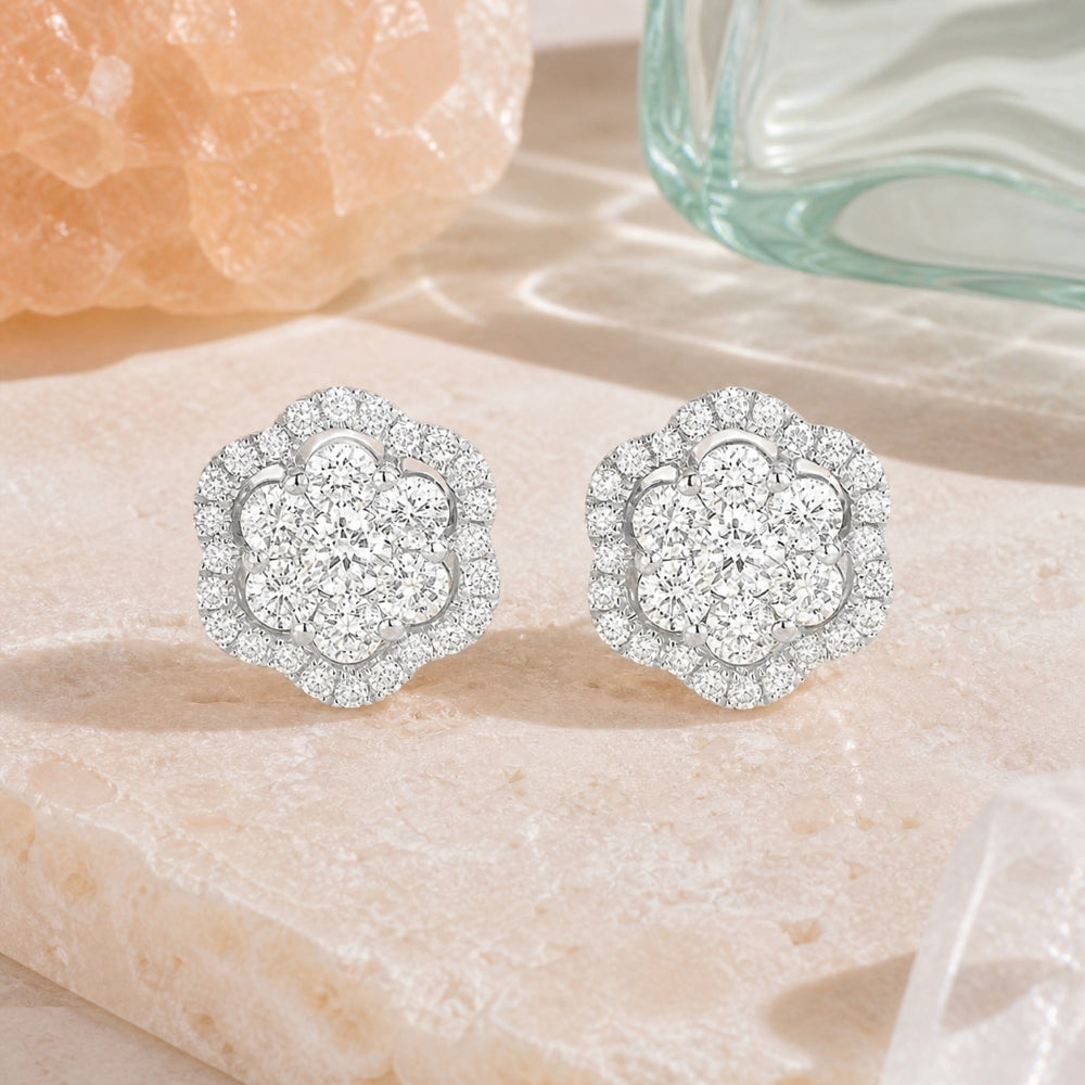 E1110 - 14K White Gold Diamond Cluster Stud Earrings