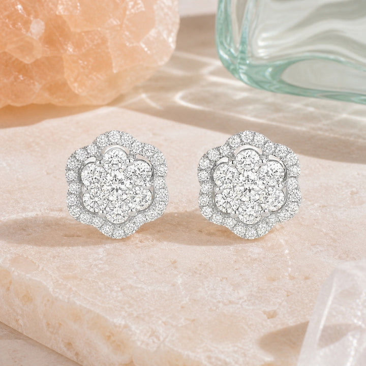 E1110 - 14K White Gold Diamond Cluster Stud Earrings