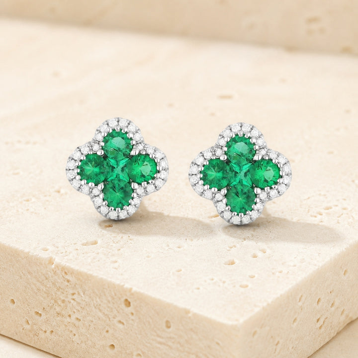 E1201 - 14K White Gold Emerald, Ruby & Sapphire Clover Stud Earrings