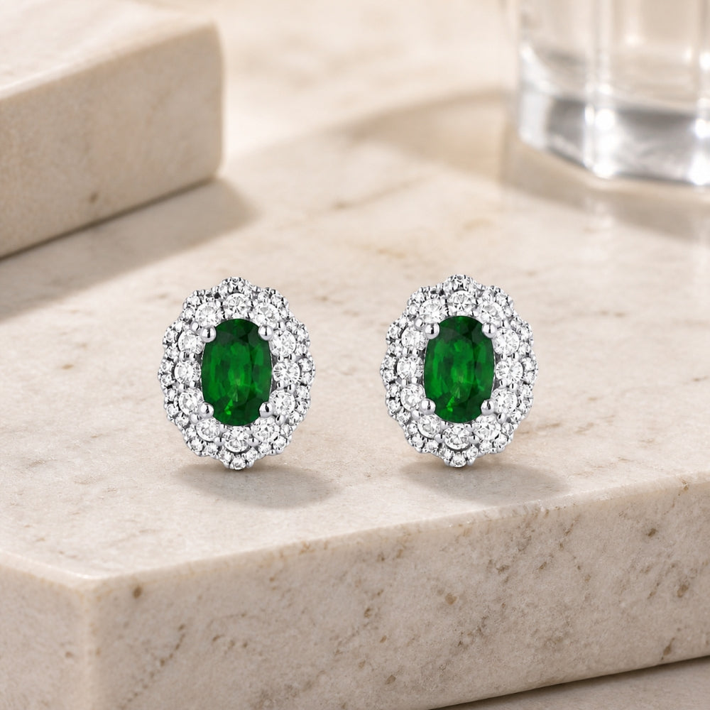 E1240 - 14K White Gold Emerald, Ruby & Sapphire Round Stud Earrings
