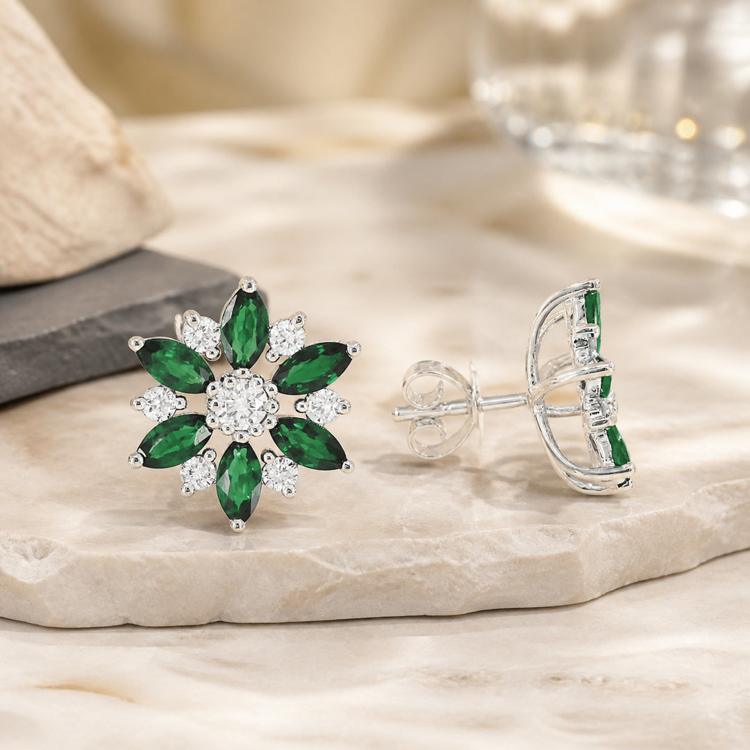 E1416 - 14K White Gold Emerald, Ruby & Sapphire Flower Stud Earrings