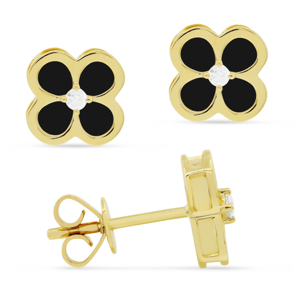 Madison L 14K Yellow Gold Black Onyx Clover Stud Earrings - style E1461BOY