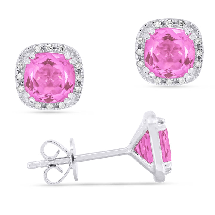 Madison L 14K White Gold Created Pink Sapphire Cushion Stud Earrings - style E1516PCW