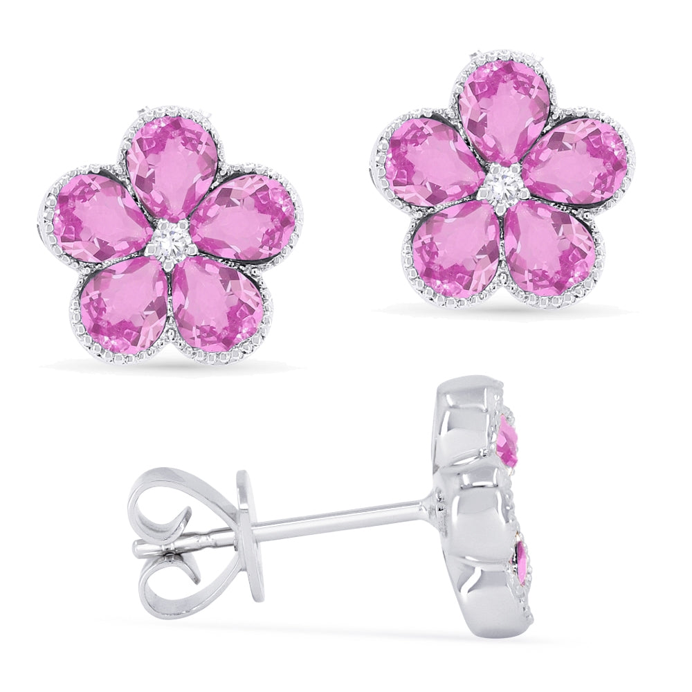Madison L 14K White Gold Created Pink Sapphire Flower Stud Earrings - style E1518PCW