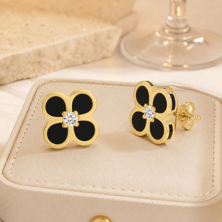 E1669 - 14K Yellow Gold Black Onyx, Mother of Pearl & Turquoise Clover Stud Earrings