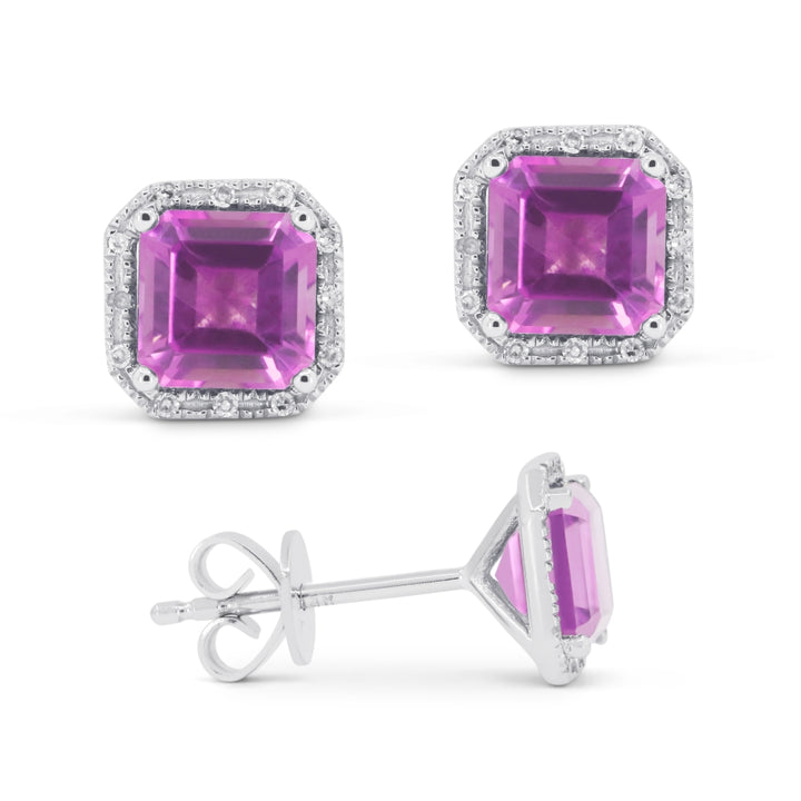Madison L 14K White Gold Created Pink Sapphire Cushion Stud Earrings - style E1731PCW