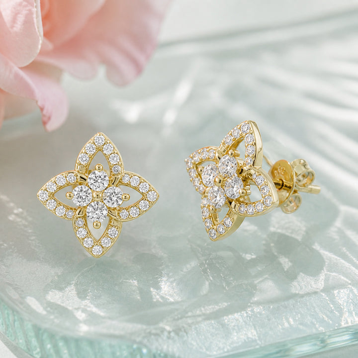 E1742 - 14K Gold Diamond Flower Stud Earrings