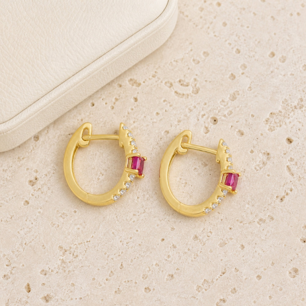 E1774 - 14K Gold Emerald, Ruby & Sapphire Huggie Hoop Earrings