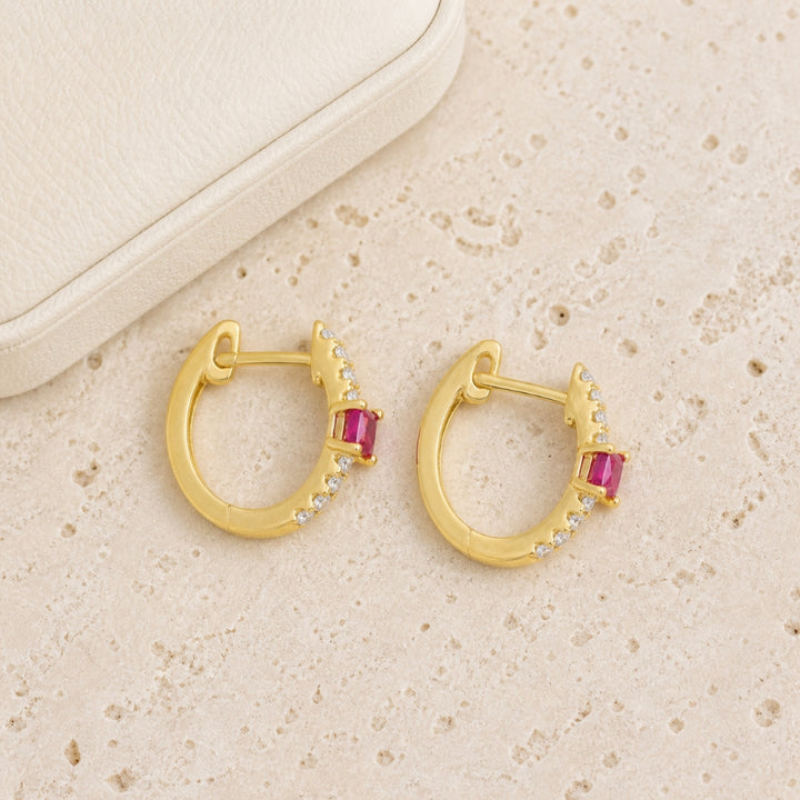 E1774 - 14K Gold Emerald, Ruby & Sapphire Huggie Hoop Earrings