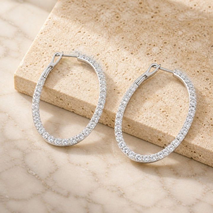 E1782 - 14K White Gold Diamond In & Out Hoop Earrings
