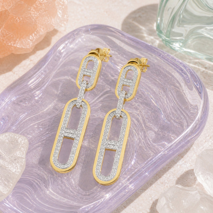 E1800 - 14K Two Tone Gold Diamond Paperclip Drop Earrings