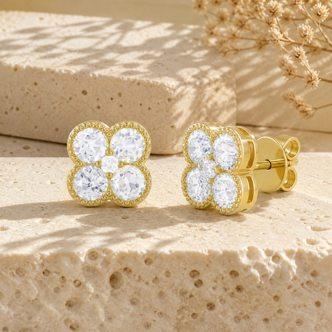 E1826 - 14K Gold Diamond Flower Stud Earrings