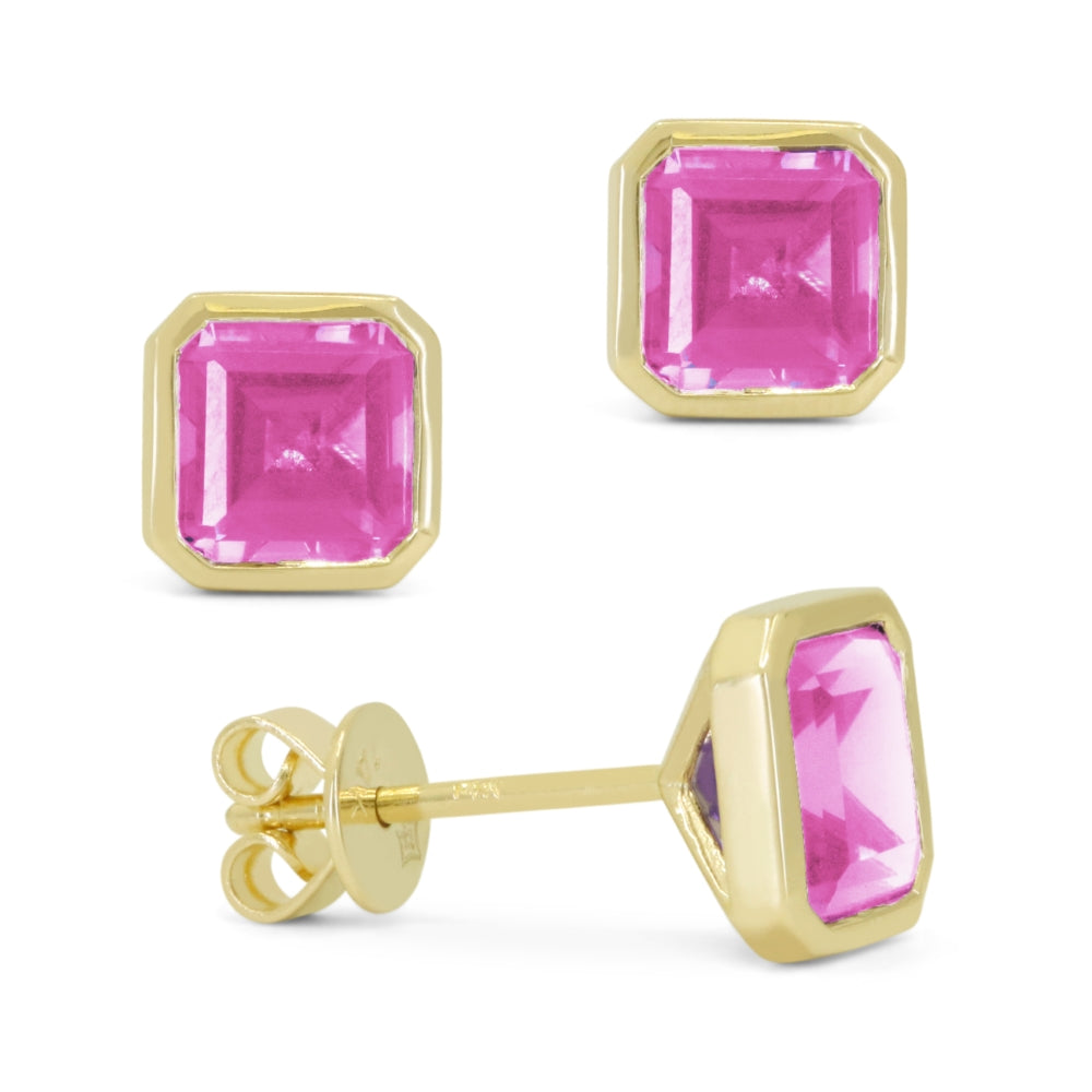 Madison L 14K Yellow Gold Created Pink Sapphire Cushion Stud Earrings - style E1829PCY