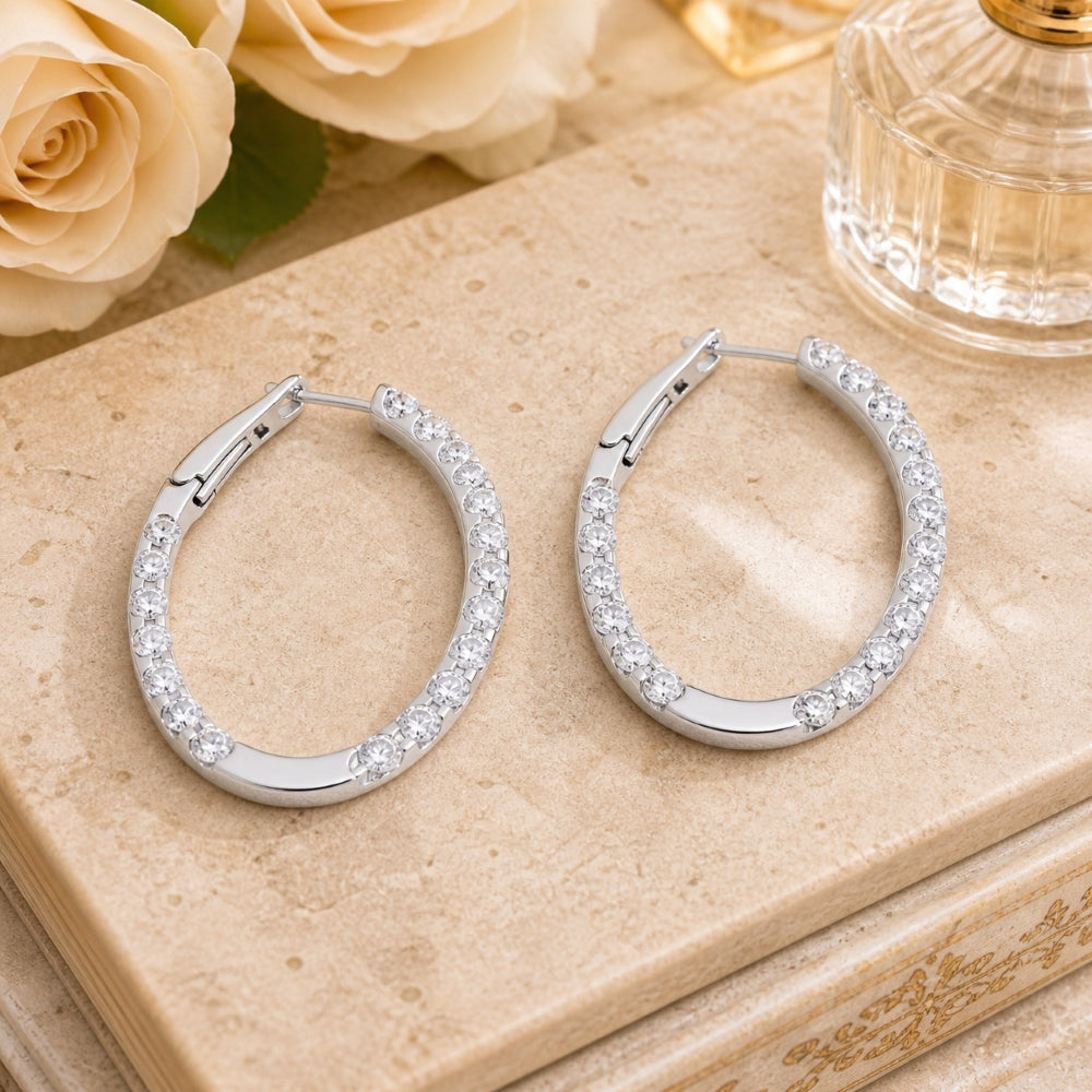 E1847 - 14K White Gold Diamond In & Out Hoop Earrings