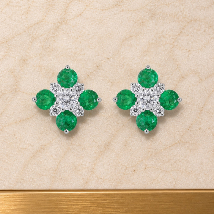 E1848 - 14K Gold Emerald, Ruby & Sapphire Flower Stud Earrings