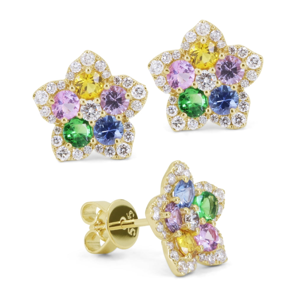 Madison L 14K Yellow Gold Multi Colored Sapphire Flower Stud Earrings - style E1855MCSAY