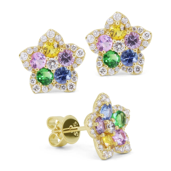 Madison L 14K Yellow Gold Multi Colored Sapphire Flower Stud Earrings - style E1855MCSAY