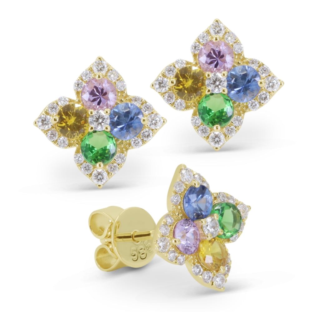 Madison L 14K Yellow Gold Multi Colored Sapphire Flower Stud Earrings - style E1856MCSAY