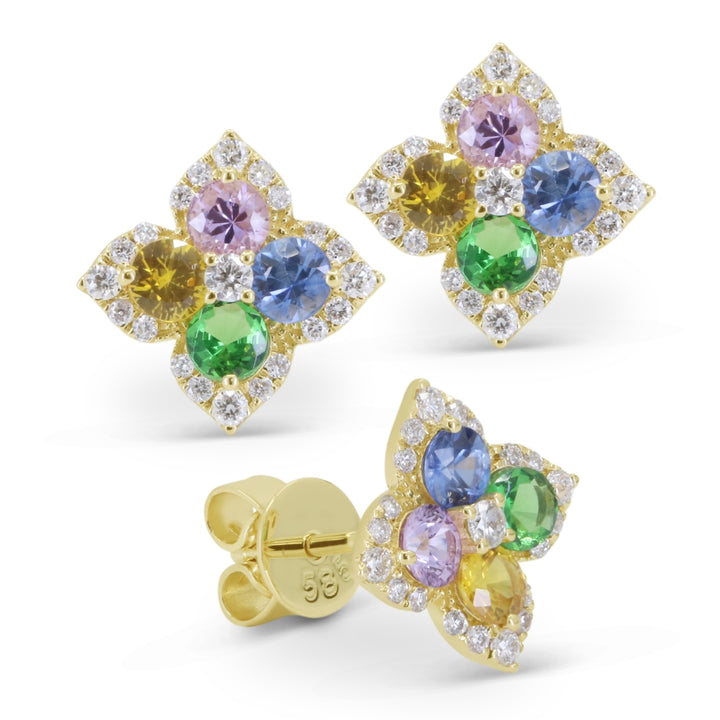 Madison L 14K Yellow Gold Multi Colored Sapphire Flower Stud Earrings - style E1856MCSAY