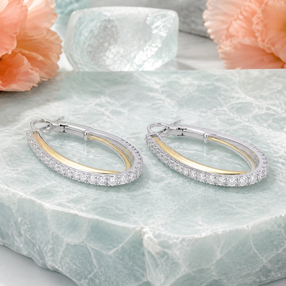 E1873 - 14K Two Tone Gold Diamond In & Out Hoop Earrings