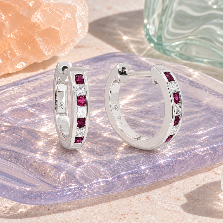 E1884 - 14K Gold Emerald, Ruby & Sapphire Huggie Hoop Earrings