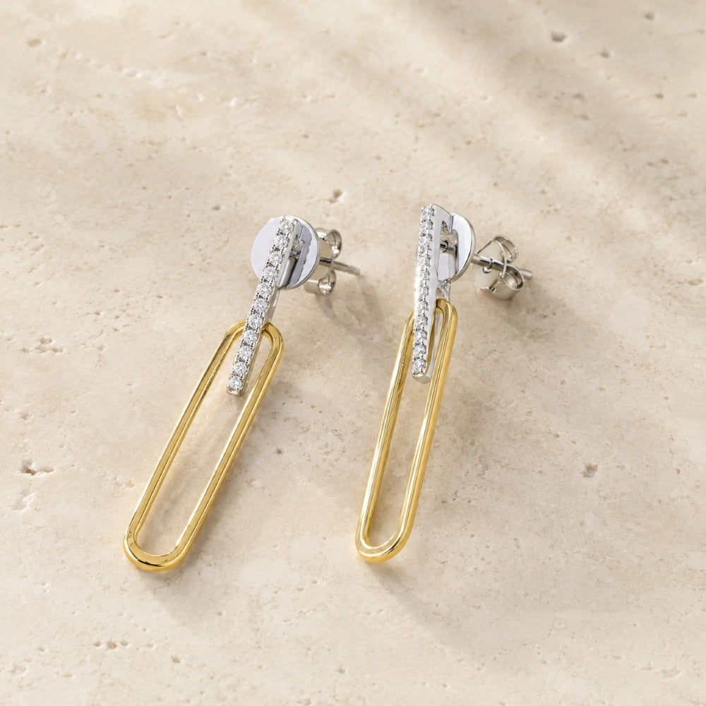 E1896 - 14K Two Tone Gold Diamond Paperclip Drop Earrings
