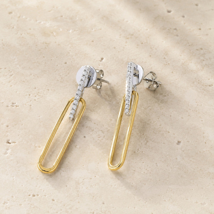 E1896 - 14K Two Tone Gold Diamond Paperclip Drop Earrings