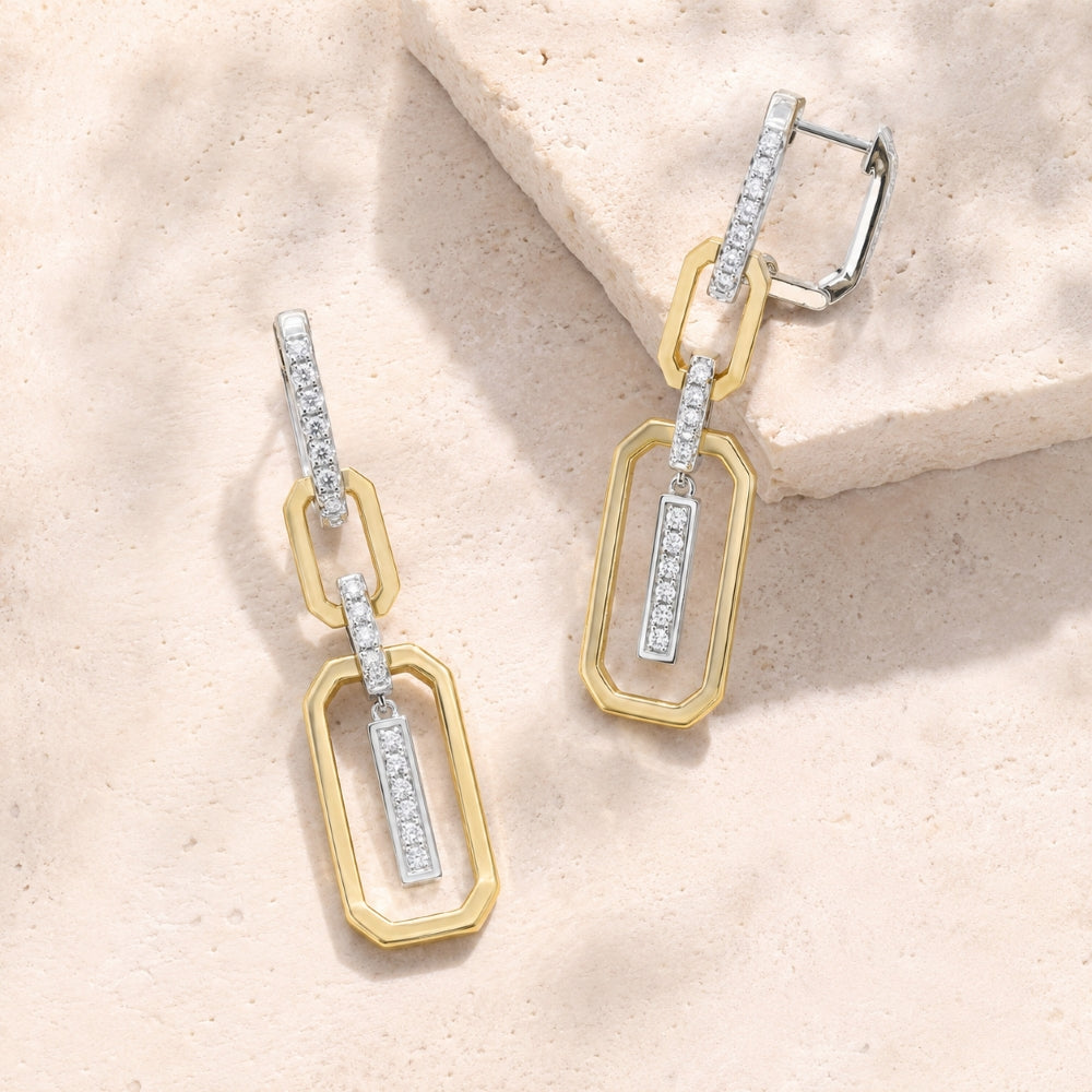 E1898 - 14K Two Tone Gold Diamond Paperclip Drop Earrings