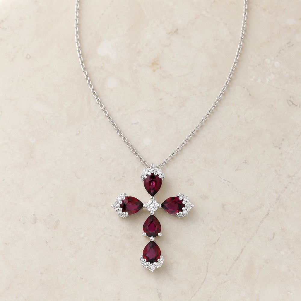 N1323 - 18K White Gold Ruby & Sapphire Crucifix Cross Pendant