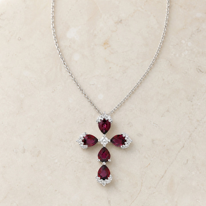 N1323 - 18K White Gold Ruby & Sapphire Crucifix Cross Pendant