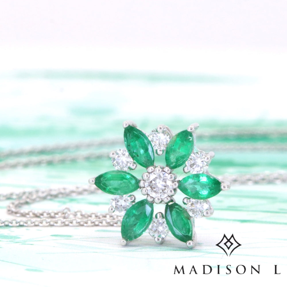 N1482 - 14K White Gold Emerald, Ruby & Sapphire Flower Pendant