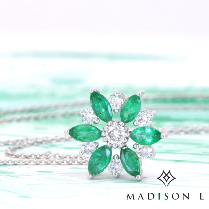 N1482 - 14K White Gold Emerald, Ruby & Sapphire Flower Pendant