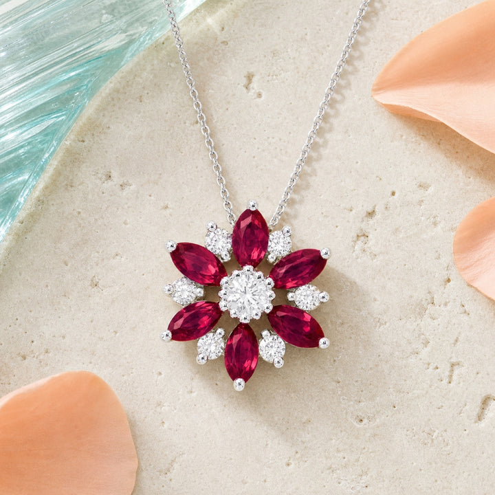 N1482 - 14K White Gold Emerald, Ruby & Sapphire Flower Pendant
