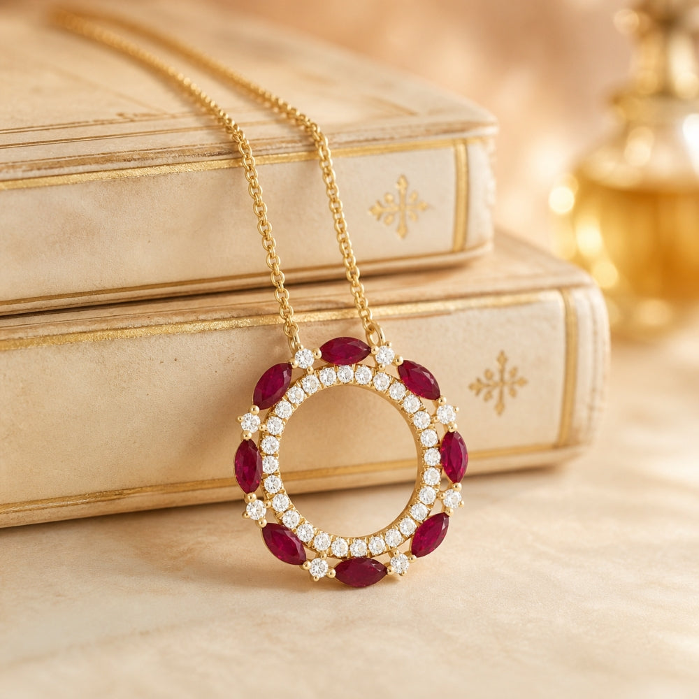 N1487 - 14K Gold Ruby & Sapphire Round Necklace