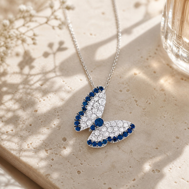 N1601 - 14K Gold Pink Sapphire & Sapphire Butterfly Pendant