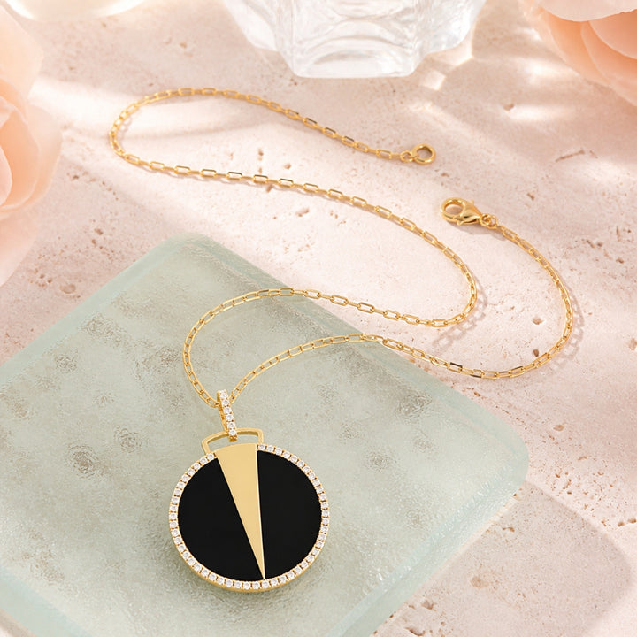 N1643 - 14K Yellow Gold Black Onyx & Turquoise Round Pendant