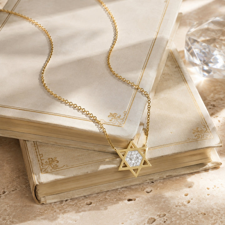 N1701 - 14K Yellow Gold Diamond Jewish Star Necklace